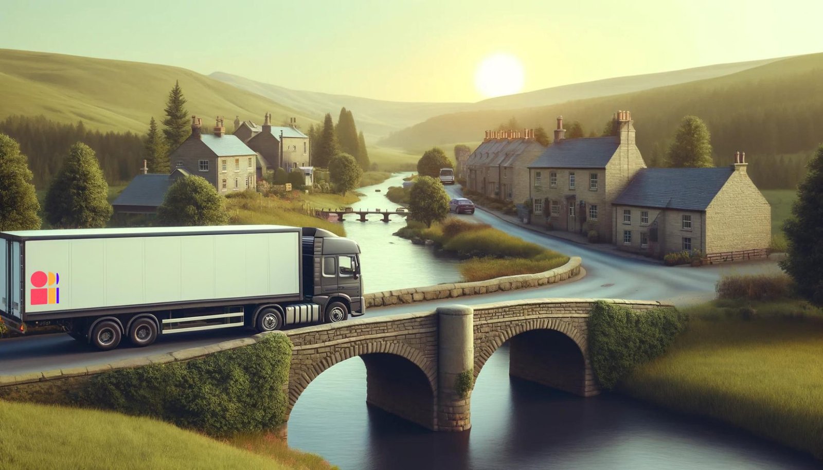 An Imaginario truck delivering amazing new features. Created by DALL-E. Prompt: A wide view of a small town in the countryside, with a few cottages and a stone bridge crossing a stream. On the bridge is a lorry, driving away from the camera. On the side of the lorry is the logo for the company imaginario.ai (you can get their logo from that website). In the background we see rolling hills with the sun rising in the morning sky.