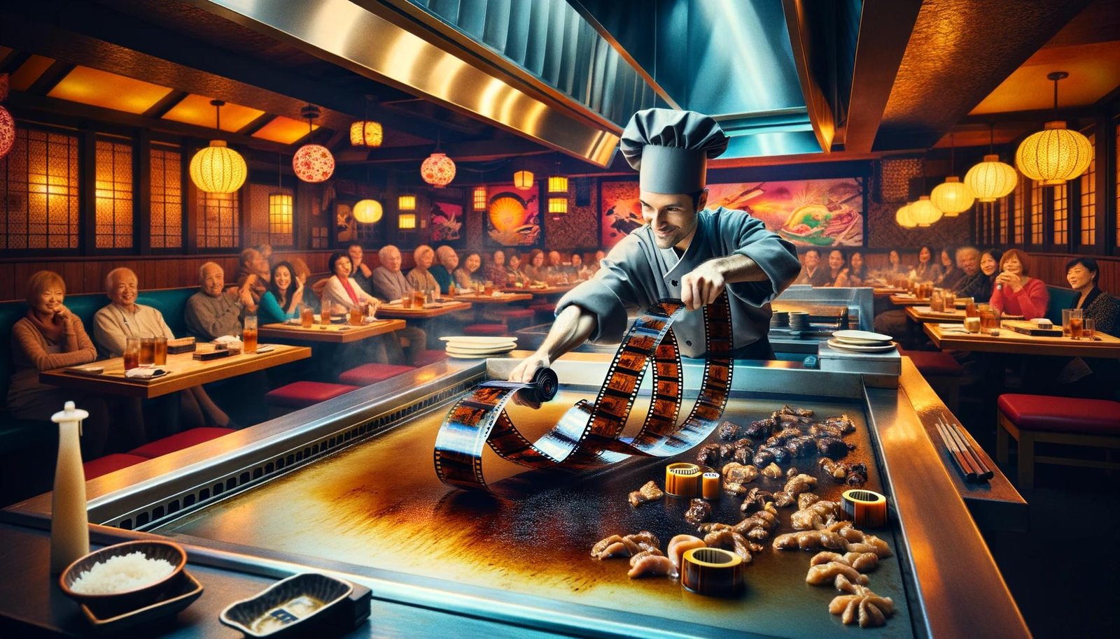 A hibachi chef cuts some film. Imagine created by ChatGPT. Prompt: A landscape image of a chef at a hibachi grilling station On the hotplate is a large amount of analogue film, unrolled. The chef is playing with the film in the typical hibachi style.