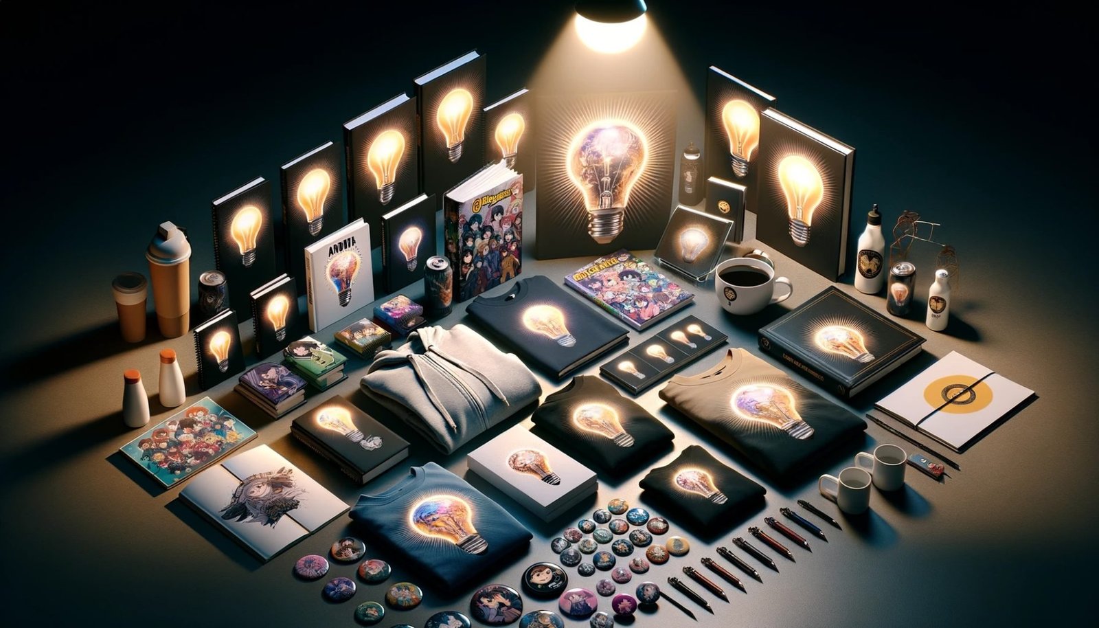 Image generated by DALL-E. Prompt: A product photo front-on, lit from the top with a spotlight. The product in question is a lightbulb, lit up as if to demonstrate a new idea. There are many products, all tastefully arranged next to each other, in front of and behind one another. The products include a book, a DVD, a magazine, an anime cartoon book, a tshirt folded up, a hoodie, badges, a coffee cup, a tote bag. All the products carry the lightbulb image.