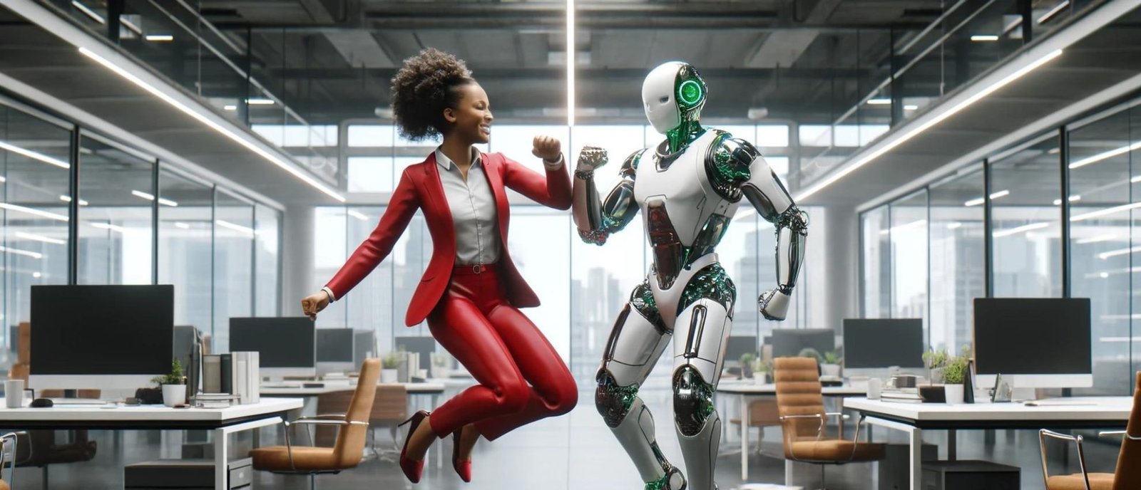 A human and a robot working in perfect harmony. Generated with DALL-E. Prompt: a human and a robot together in an office setting, jumping in the air and chest-bumping, as if celebrating a victory together. Photorealistic style, 16:9 aspect ratio.