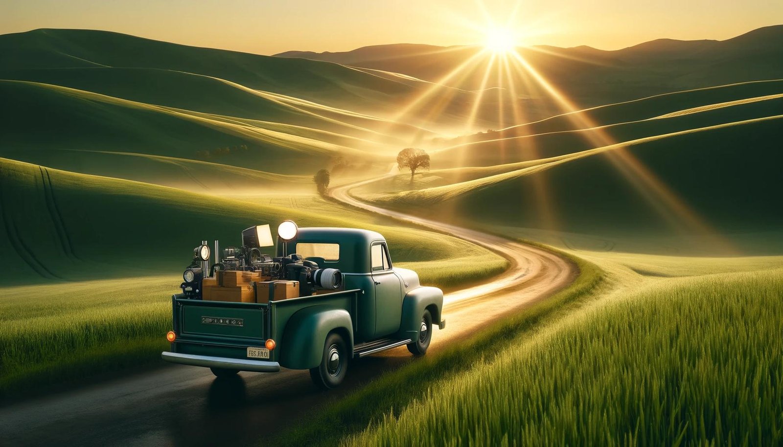 Image created by DALL-E. Prompt: A photo-realistic image of verdant fields on rolling hills, with the sun rising behind shooting beams of light across the landscape. In the middle foreground is a country road, and driving along the road is a pickup truck with its cargo space overflowing with photography and film equipment, including cameras, lights, and rolls of film