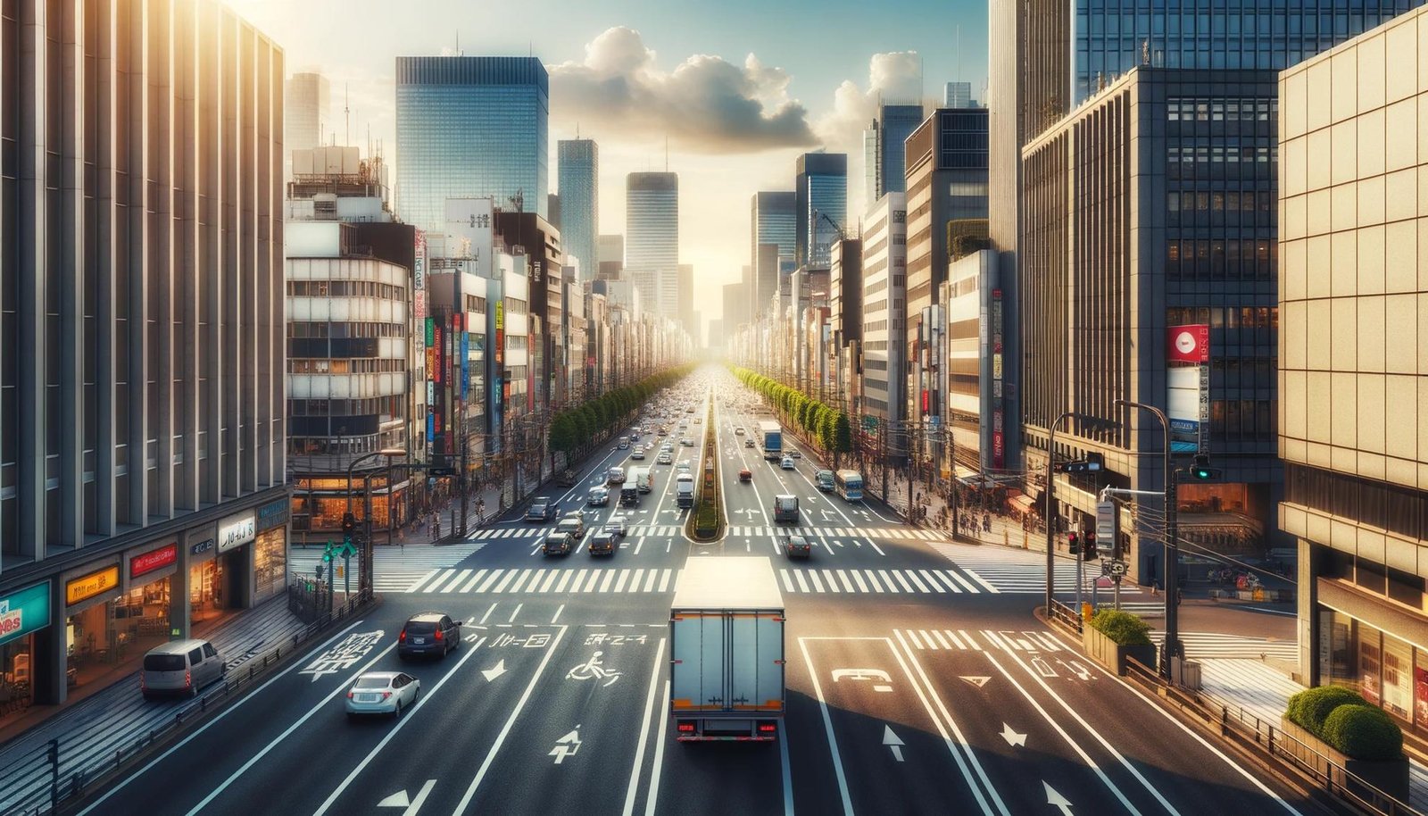 A truck driving down a busy city street