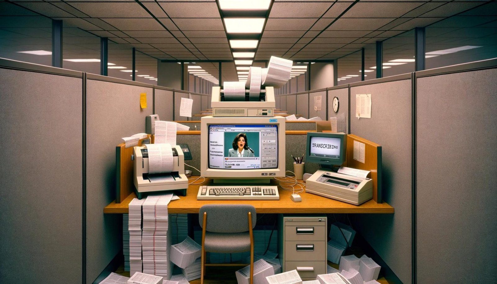 Image generated by DALL-E. Prompt: A photo-realistic image of a 1990s-style desktop computer sitting on a wooden desk. On the CRT-style monitor is a web browser showing a video website reminiscent of YouTube. A video is playing of a woman making a speech. Across the middle of the screen is a notice that says "TRANSCRIBING". Next to the computer on the desk is a dot-matrix style printer, with reams of paper emerging from it in quick motion. The paper is piling up on and around the desk as if it has been printing for a long time. The computer and desk and in a boring office cubicle, with ceiling tiles and flourescent lights visible in the background.